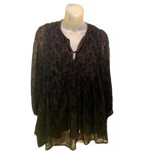 Entro Black Lace Peasant Top Women's Medium Sheer Sleeve Whimsy Goth Glam Witchy